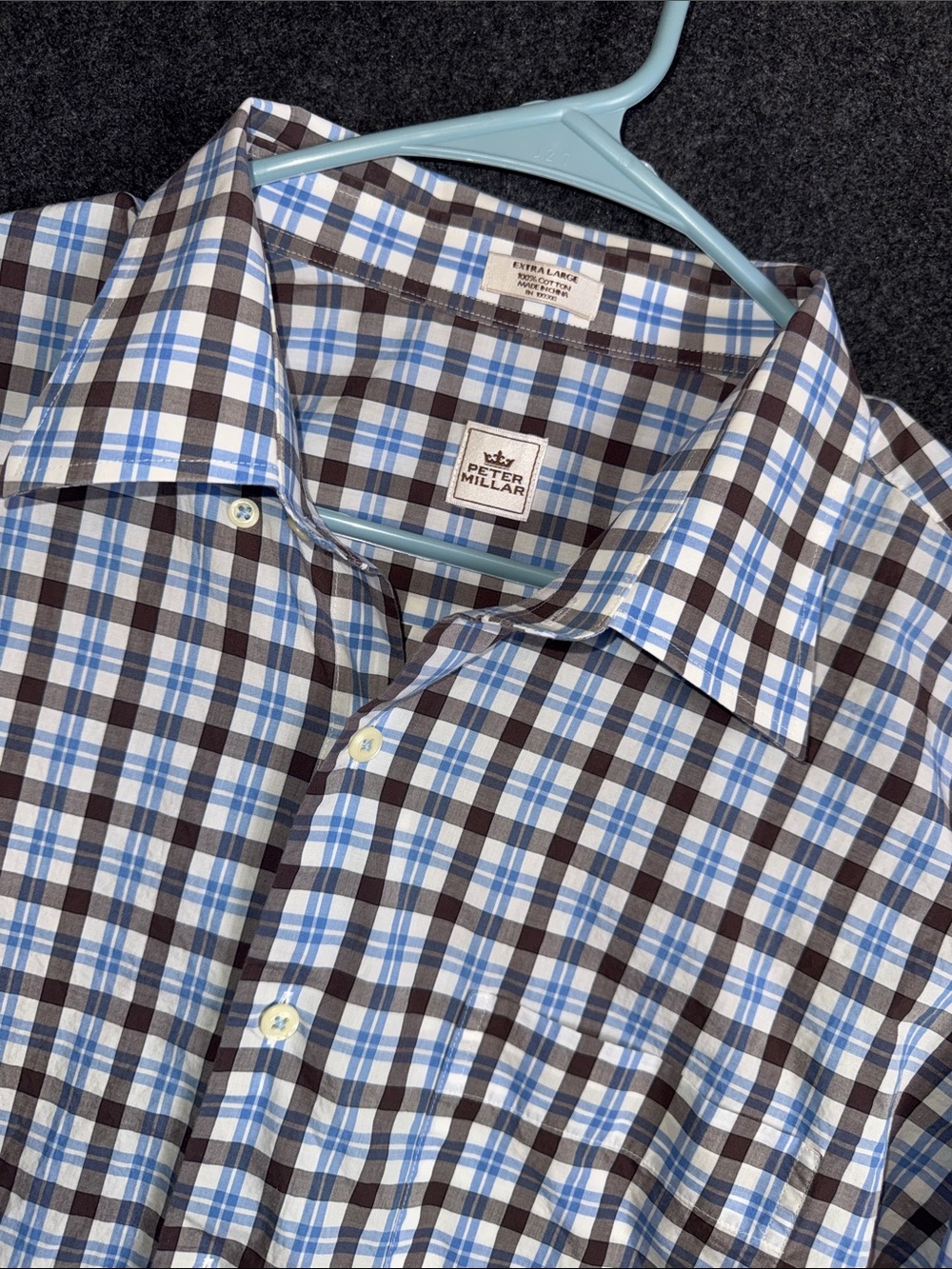 Peter‎ Millar Mens XL Long Sleeve Button Down Shirt Blue Brown Plaid Cotton